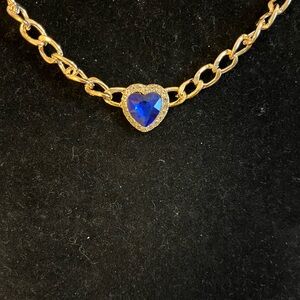Blue heart outlined in rhinestones necklace on gold tone chain 14 “
